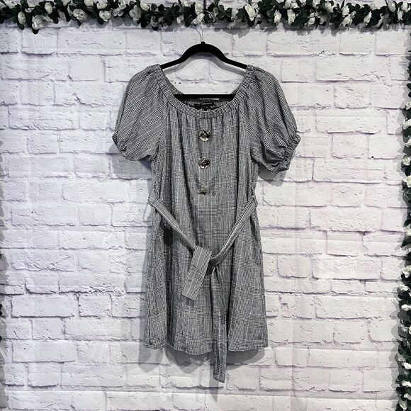 Zara Basic Size Small Plaid Off The Shoulder Puff Sleeve Mini Belted Dress - Picture 2 of 13